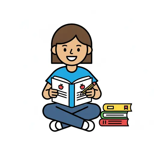 En jente sitter og leser en skolebok med en bokstabel ved siden av.