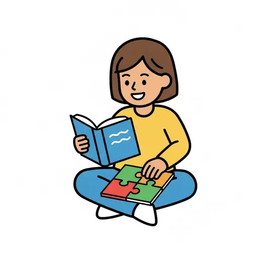 A girl sits cross-legged holding an open blue book with a colourful jigsaw in her lap.