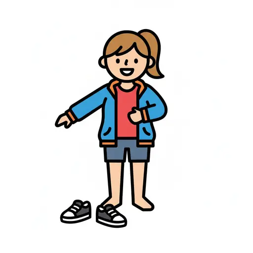 Een meisje in een open jas staat op blote voeten naast een paar uitgetrokken schoenen.