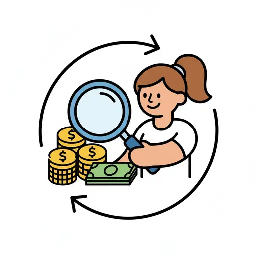 Een meisje kijkt door een vergrootglas naar stapels munten en bankbiljetten om haar geld te bekijken.