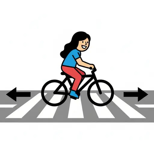 A girl rides a bicycle across a crosswalk with black arrows pointing left and right.