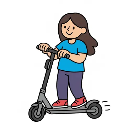 Ein Mädchen steht auf einem grauen E-Scooter mit Bewegungslinien dahinter.