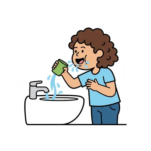 Een meisje met krullend haar houdt een groene beker vast en spuugt water in de wastafel.