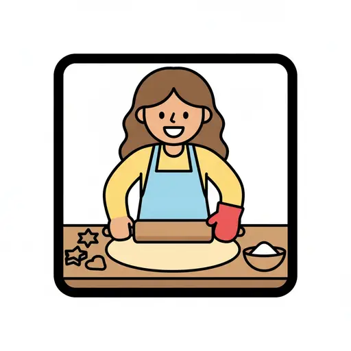Een kind met een schort rolt deeg uit met een deegroller, met koekvormpjes ernaast.
