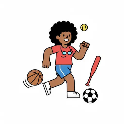 Een vrolijk meisje rent tussen een basketbal, een voetbal, een knuppel en een tennisbal.