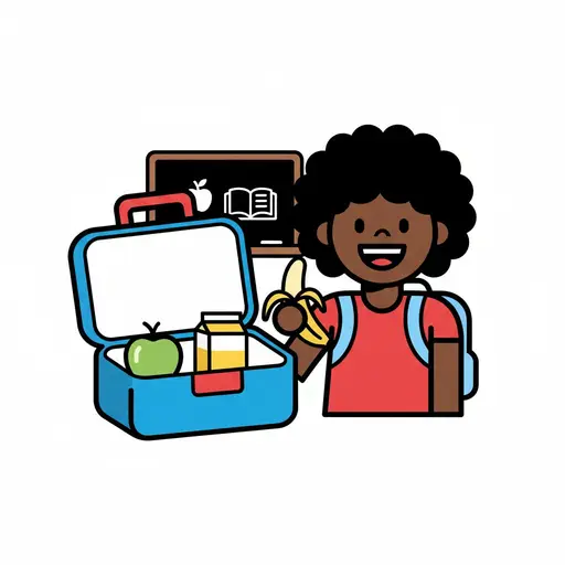 Een meisje met een rugzak houdt een half gepelde banaan vast naast een open lunchtrommel met een appel en een pakje drinken. Op de achtergrond is een schoolbord te zien.