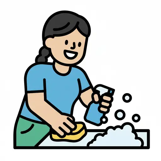 En flicka med hästsvans skrubbar en tvålig bänk med en gul svamp och håller en sprejflaska.