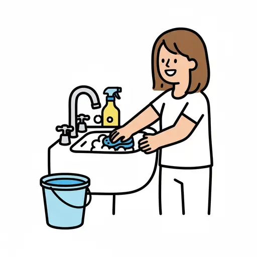 A girl scrubs a sink with a sponge next to a bucket and a spray bottle.