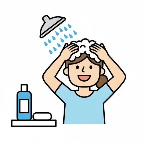 A girl shampoos her hair under the shower.