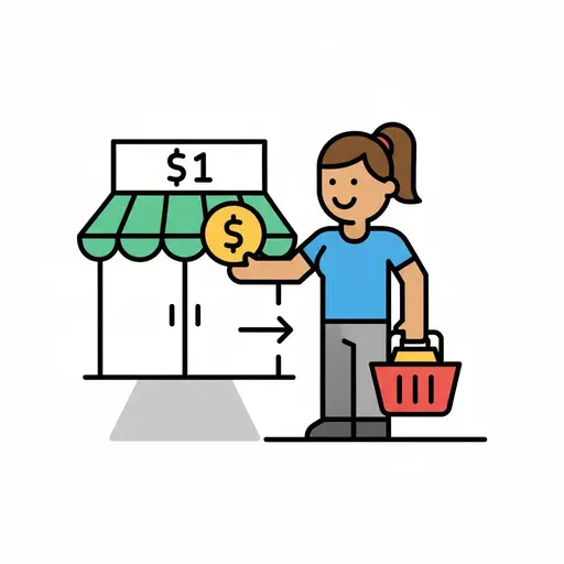 A girl holding a shopping basket holds a coin in front of a store with a price sign.