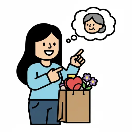 Een lachende persoon wijst naar een gedachtewolk met mama erin terwijl hij een tas met boodschappen en bloemen vasthoudt.