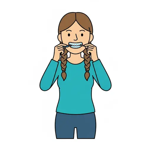 A girl with braids shows her braces and touches them with her fingers.