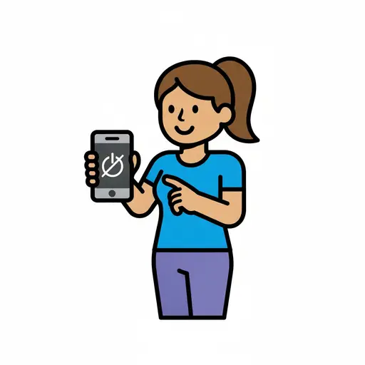 Een meisje houdt een telefoon met een uit-symbool omhoog en wijst ernaar.