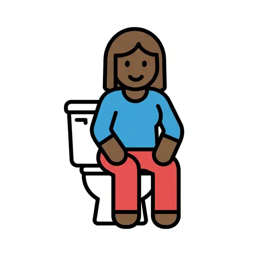 In een blauw topje en een rode broek zit een meisje met haar handen op haar knieën op een witte wc.