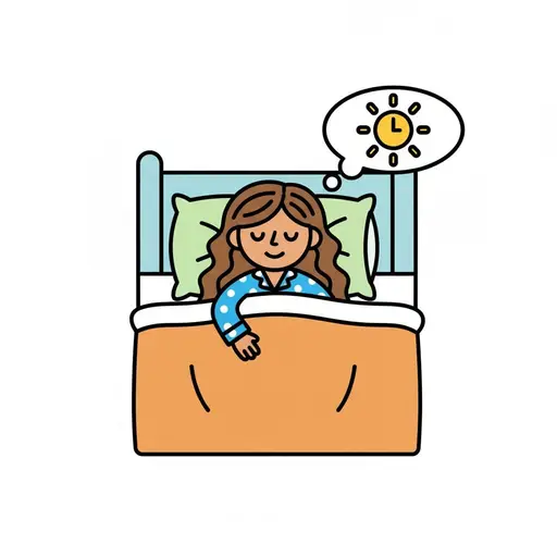 Een meisje slaapt in bed onder een oranje dekbed met een gedachtewolk waarin een zon te zien is.