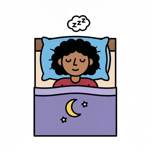 En flicka sover med slutna ögon under ett lila täcke med måne och stjärnor, med zzz ovanför.