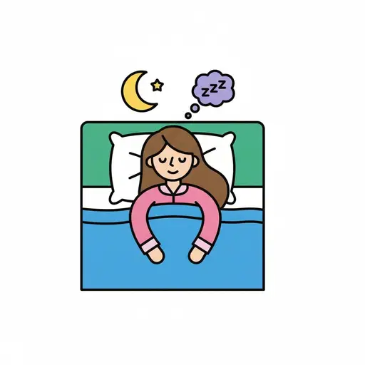 En flicka sover i sin säng med en måne, en stjärna och en tankebubbla med zzz ovanför.