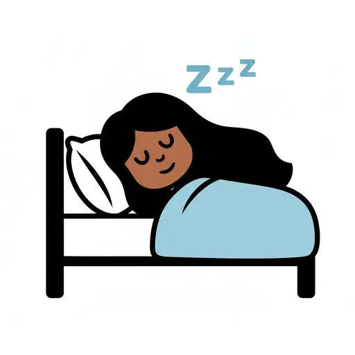 Een persoon slaapt in bed onder een blauwe deken, met symbolen die slaap aangeven.