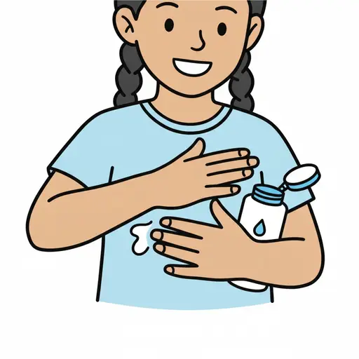 A girl with braids rubs a blob of lotion between her hands while tucking the bottle against her arm.