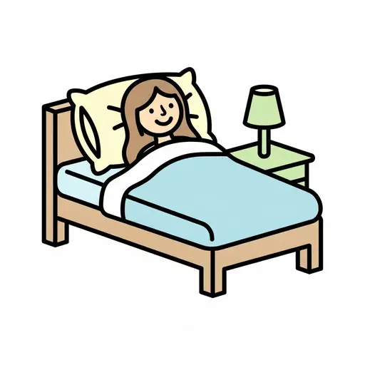 Een meisje ligt tevreden in bed onder de dekens met een nachtlampje in de buurt.