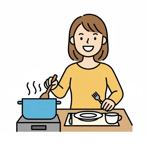 En leende flicka rör i en kastrull på spisen bredvid ett dukat bord med tallrik och kopp.