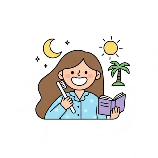 Een meisje in pyjama houdt een tandenborstel en een boek vast terwijl achter haar een zon en een maan verschijnen.