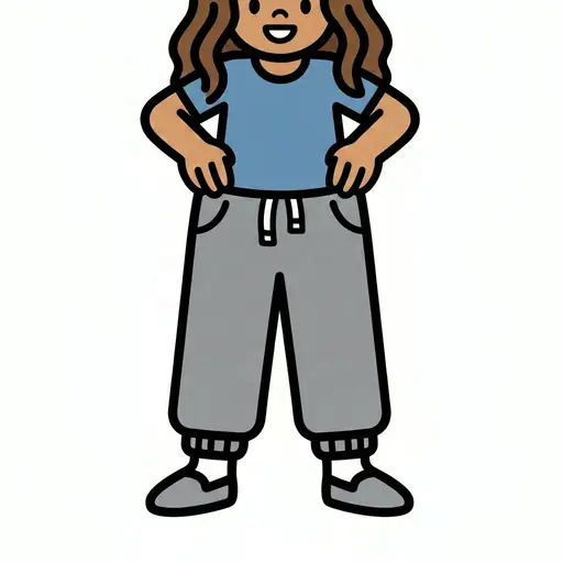 Een persoon met bruin krullend haar draagt een grijze joggingbroek en heeft de handen in de zij.