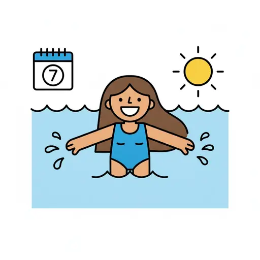 Een meisje in badpak zwemt vrolijk in het water onder een zon, met een kalender die de dag markeert.