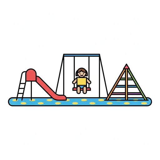 A girl sits on a swing between a red slide and a climbing frame.