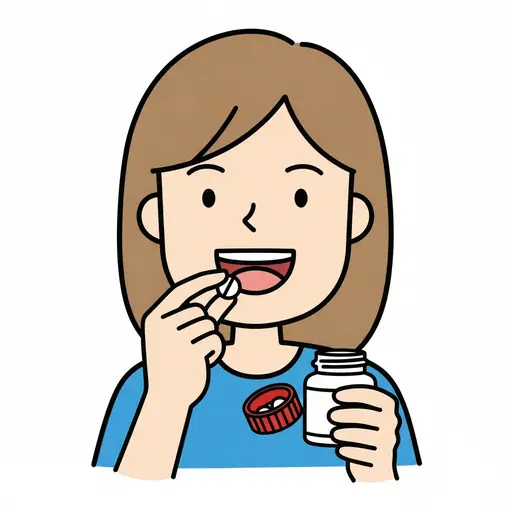 A girl holds a pill up to her mouth with an opened pill bottle in her other hand.