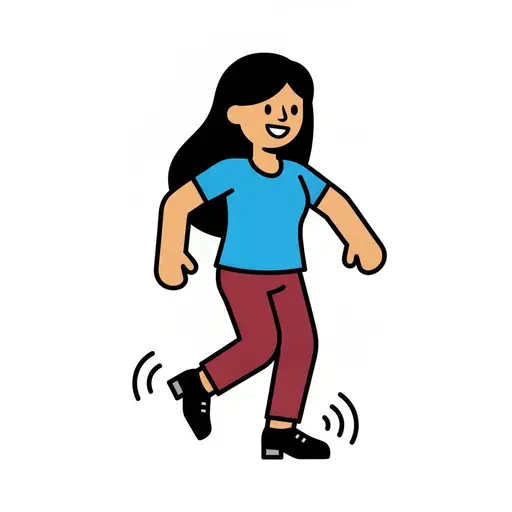 A girl tap dances in black tap shoes with motion lines at her feet.