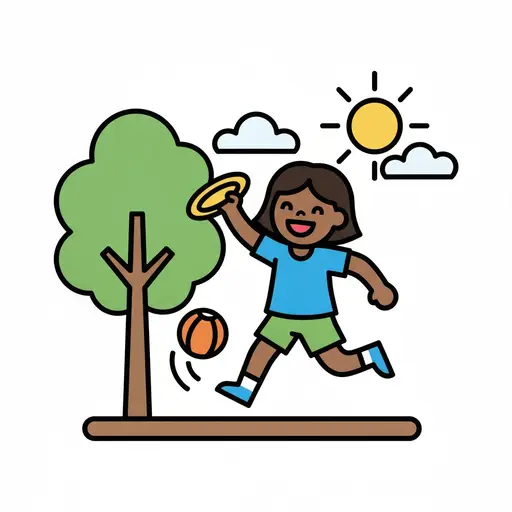 A laughing girl runs and throws a yellow frisbee beside a tree and a bouncing ball, under the sun and clouds.