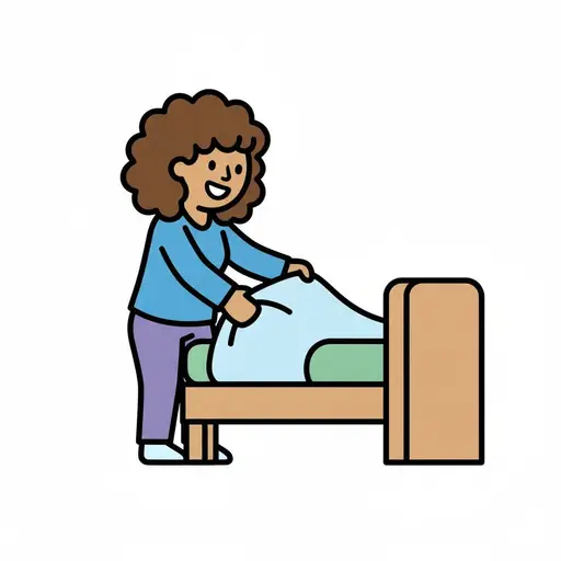 Een meisje stopt het dekbed netjes in op het bed.