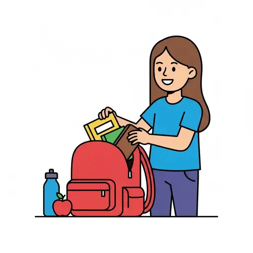 Een meisje met lang bruin haar haalt boeken uit een rode rugzak, met een waterfles en een appel ernaast.