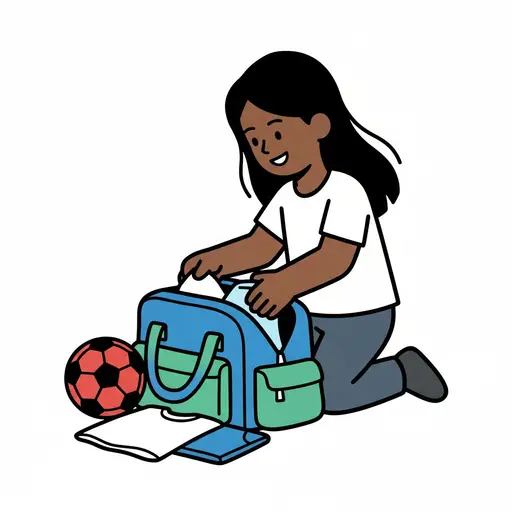 Een meisje knielt en pakt een blauw met groene sporttas uit. Naast de tas liggen een voetbal en papieren.