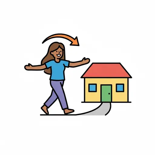 Een meisje loopt met gespreide armen naar een geel huis met een rood dak, met een oranje pijl erboven.