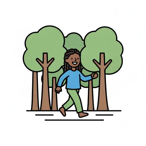 Ein Mädchen geht zwischen den Bäumen im Wald.