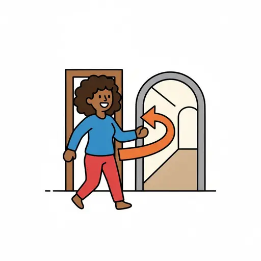 A girl walks through a doorway into the hallway, an orange arrow showing the way.