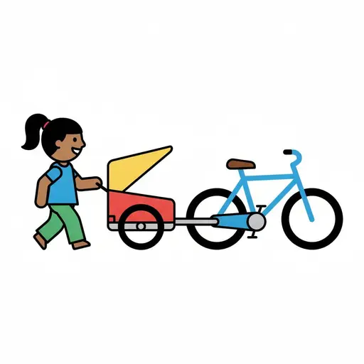 En flicka med hästsvans går fram till en cykel med en röd och gul cykelvagn bakom.