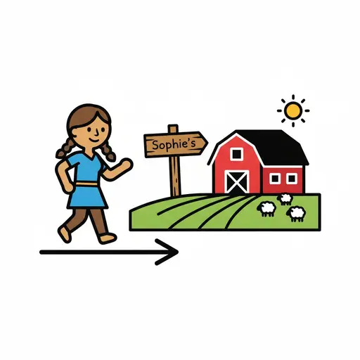 A girl walks along an arrow toward a farm with a signpost, a barn and sheep.