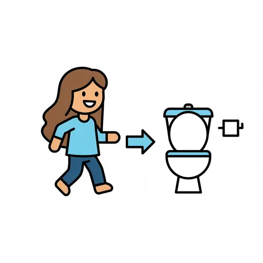 En flicka går mot en toalett med en pil.