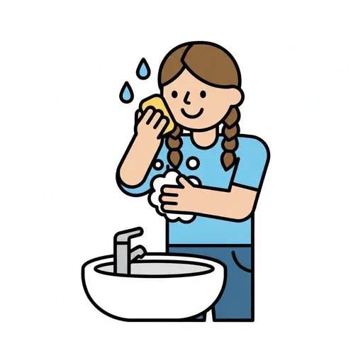 A girl washes her face with soap and has suds on her hands.