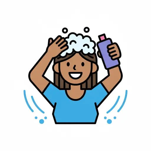 A girl washes her hair with lather while holding a purple shampoo bottle, water drops around.