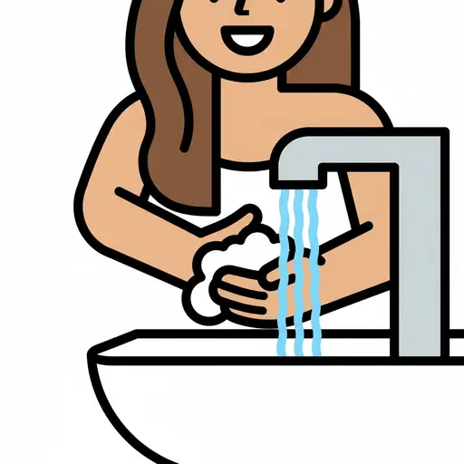 Illustration of a girl washing her hands with soap and water at a sink.