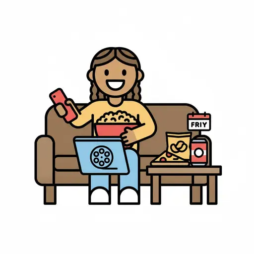 Ett barn sitter glatt i soffan med popcorn och fjärrkontroll och tittar på film med snacks på bordet.