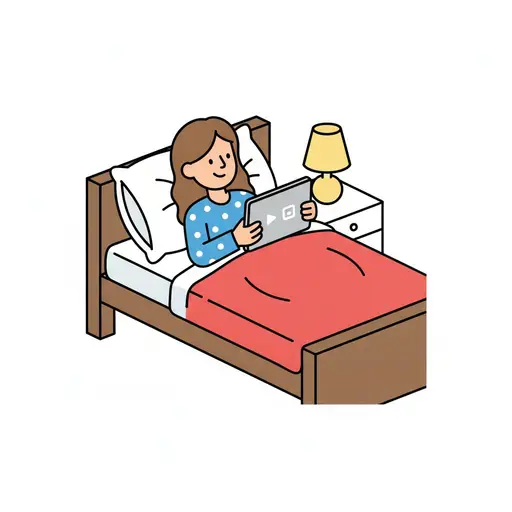 Een lachend meisje in een pyjama met stippen ligt in een bed met een rood dekbed naar een tablet te kijken met een afspeelsymbool, naast een brandend nachtlampje.