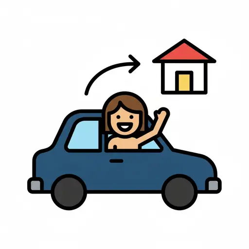 A girl waves from a car with an arrow pointing toward a house.