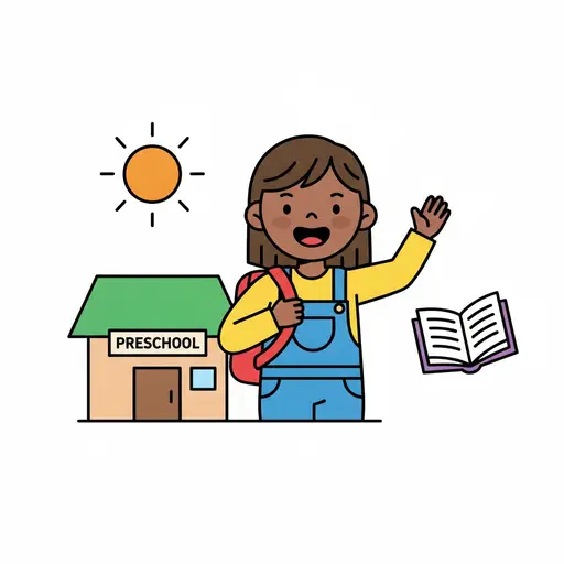 A happy girl with a backpack waves by the preschool in the morning sun.