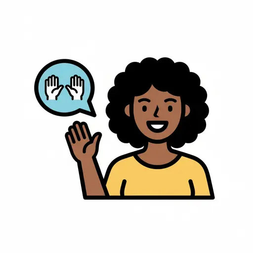 Ein Comic-Mädchen winkt fröhlich mit der rechten Hand, mit einer Sprechblase, die zwei Hände in einer Gruß- oder Abschiedsgeste zeigt.