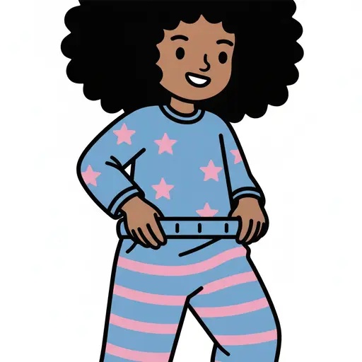 Een meisje draagt een blauwe pyjama met sterren en een gestreepte broek.